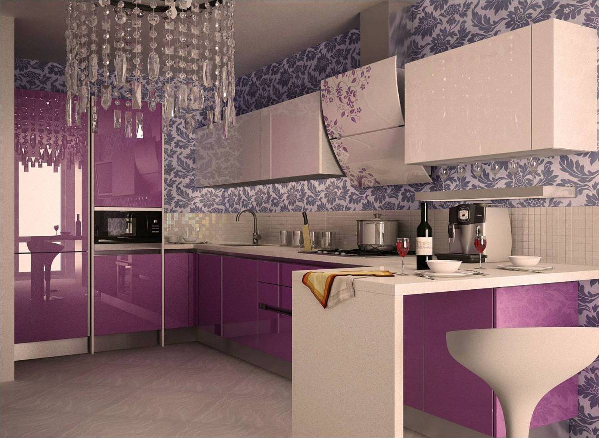  Фиолетовый гарнитур на маленькой кухне