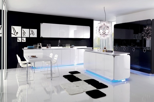 Чёрно-белая кухня в стиле "Хай-тек" с подсветкой столов и шкафа